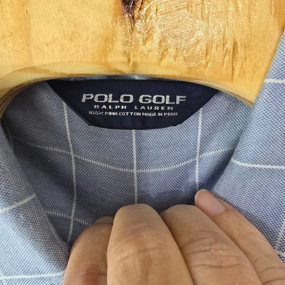 Polo Golf Ralph Lauren Mens XXL Blue Windowpane Pima Cotton Short Sleeve Polo